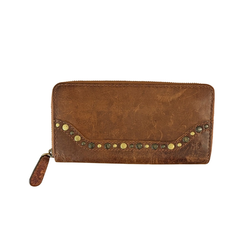 Frye‎ Melissa Studded Zip Around Wallet Brown Distressed Leather Continental